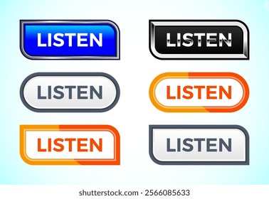 Listen button set of different shapes and colors. Suitable for mobile app, and website UI design.