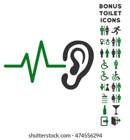 Listen Ear icon and bonus male and woman toilet symbols. Vector illustration style is flat iconic bicolor symbols, green and gray colors, white background.