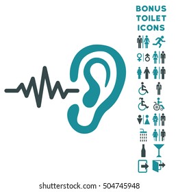 Listen Ear icon and bonus male and female toilet symbols. Vector illustration style is flat iconic bicolor symbols, soft blue colors, white background.