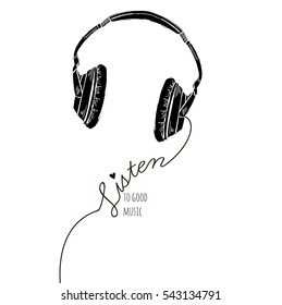 listen to good music, monochrome silkscreen print with headphones silhouette