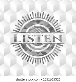 Listen grey badge with geometric cube white background