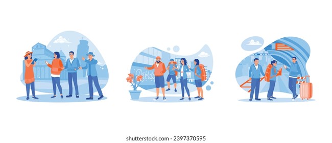 Listen to the guide talk about the Tower of Pisa. I have a bearded male tour guide. Tourists on the train station platform. set trend modern vector flat illustration