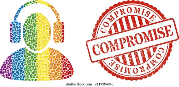 Listen headphones mosaic icon of round dots in different sizes and rainbow color tones. Red rounded distress seal imprint with Compromise message.