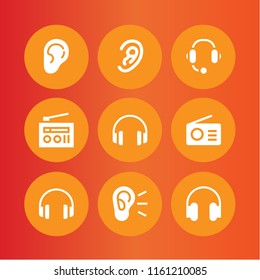 listen icon. 9 listen set with hear, headphones, music and multimedia and ear vector icons for web and mobile app