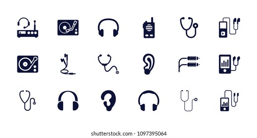 Listen icon. collection of 18 listen filled icons such as ear, headphones, stethoscope, mp3 player, gramophone, earphones, headset. editable listen icons for web and mobile.