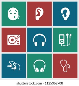 Listen icon. collection of 9 listen filled icons such as ear, headphones, gramophone, mp3 player, emoji listening music, stethoscope. editable listen icons for web and mobile.