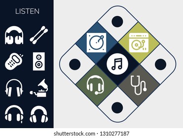 listen icon set. 13 filled listen icons.  Simple modern icons about  - Itunes, Headphones, Gramophone, Walkie, Woofer, Earbuds, Turntable, Stethoscope