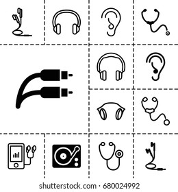 Listen icon. set of 13 filled and outline listen icons such as stethoscope, ear, gramophone, earphones, earphone wire, mp3 player, headset