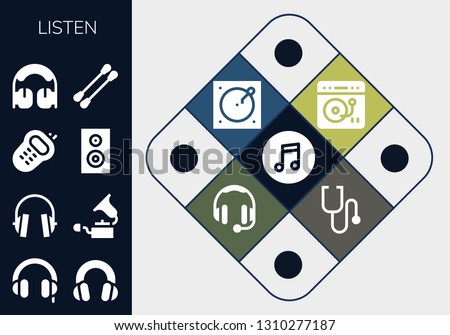 listen icon set. 13 filled listen icons.  Simple modern icons about  - Itunes, Headphones, Gramophone, Walkie, Woofer, Earbuds, Turntable, Stethoscope