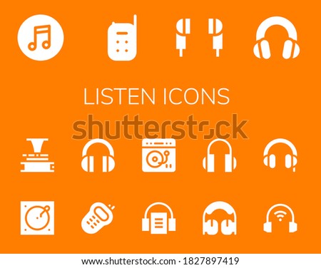 listen icon set. 14 filled listen icons. Included Itunes, Baby monitor, Earphones, Headphones, Turntable, Phonograph, Walkie, Audiobook icons