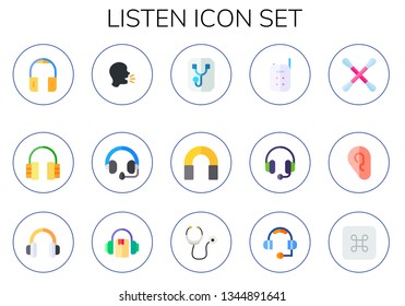 listen icon set. 15 flat listen icons.  Simple modern icons about  - headphones, speak, stethoscope, baby monitor, earbuds, hearing, audiobook, command