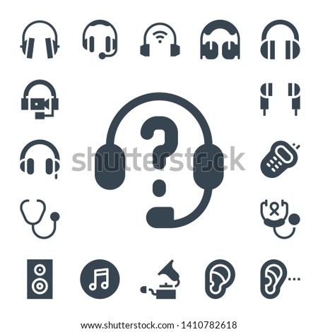 listen icon set. 17 filled listen icons.  Collection Of - Headphones, Stethoscope, Earphones, Walkie, Woofer, Itunes, Gramophone, Ear, Listening