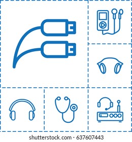 Listen icon. set of 6 listen outline icons such as stethoscope, earphones, earphone wire, listening device