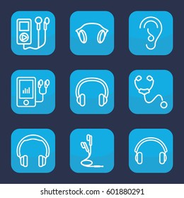 listen icon. Set of 9 outline listen icons such as mp3 player, stethoscope, ear, earphones, headset