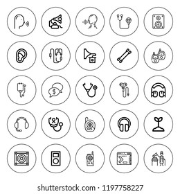 Listen icon set. collection of 25 outline listen icons with baby monitor, bud, command, ear, earbuds, earphone, earphones, headphones, gramophone icons. editable icons.