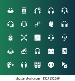 listen icon set. Collection of 25 filled listen icons included Gramophone, Headphone, Woofer, Headphones, Listen, Audiobook, Commandments, Audio guide, Noise, Earbuds, Bands, Voice recognition