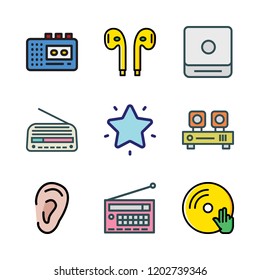 listen icon set. vector set about radio, ear, audio player and cd player icons set.