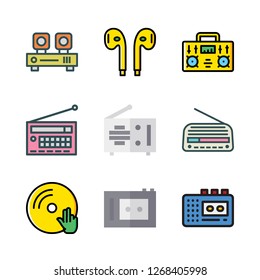 listen icon set. vector set about earphones, audio player, walkman and radio icons set.