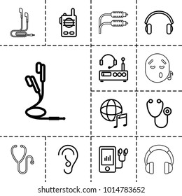 Listen icons. set of 13 editable outline listen icons such as stethoscope, mp3 player, ear, international music, earphones, listening device, walkie talkie, headphones