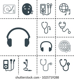 Listen icons. set of 13 editable filled and outline listen icons such as mp3 player, stethoscope, earphones, headset, international music, emoji listening music