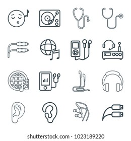 Listen icons. set of 16 editable outline listen icons such as ear, emoji listening music, mp3 player, gramophone, international music, earphone wire, listening device