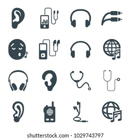 Listen icons. set of 16 editable filled listen icons such as ear, stethoscope, international music, earphones, earphone wire, headset, walkie talkie, mp3 player