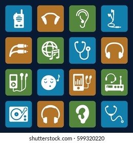 listen icons set. Set of 16 listen filled icons such as ear, emoji listening music, stethoscope, mp3 player, gramophone, international music, earphones, earphone wire, headset