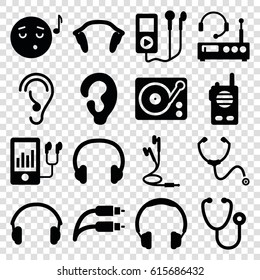 Listen icons set. set of 16 listen filled icons such as ear, emoji listening music, stethoscope, mp3 player, gramophone, earphones, earphone wire, headset, listening device
