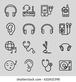 Listen icons set. set of 16 listen outline icons such as ear, stethoscope, mp3 player, gramophone, international music, earphones, headset, listening device, walkie talkie