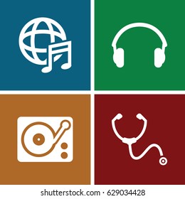 Listen icons set. set of 4 listen filled icons such as stethoscope, gramophone, international music