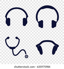 Listen icons set. set of 4 listen filled icons such as stethoscope, earphones