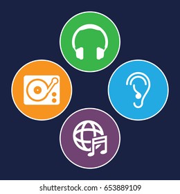Listen icons set. set of 4 listen filled icons such as ear, gramophone, international music