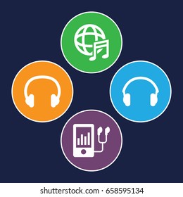 Listen icons set. set of 4 listen filled icons such as mp3 player, international music, earphones