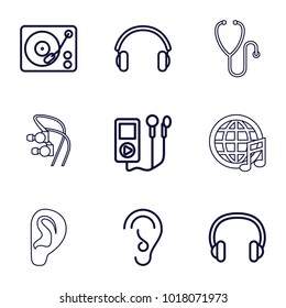Listen icons. set of 9 editable outline listen icons such as mp3 player, ear, gramophone, earphones, headset, stethoscope