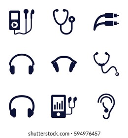 listen icons set. Set of 9 listen filled icons such as stethoscope, mp3 player, ear, earphones, earphone wire