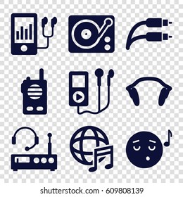 Listen icons set. set of 9 listen filled icons such as emoji listening music, mp3 player, gramophone, international music, earphones, earphone wire, listening device