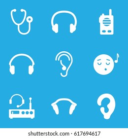 Listen icons set. set of 9 listen filled icons such as ear, emoji listening music, stethoscope, earphones, headset, listening device