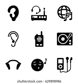 Listen icons set. set of 9 listen filled icons such as ear, emoji listening music, gramophone, international music, earphones, listening device, walkie talkie