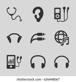 Listen icons set. set of 9 listen filled icons such as ear, mp3 player, stethoscope, international music, earphones, earphone wire