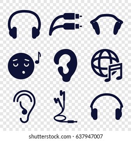Listen icons set. set of 9 listen filled icons such as ear, emoji listening music, international music, earphones, earphone wire