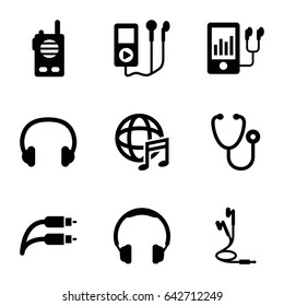 Listen icons set. set of 9 listen filled icons such as stethoscope, mp3 player, international music, earphones, earphone wire, headset, walkie talkie