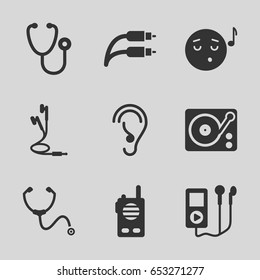 Listen icons set. set of 9 listen filled icons such as emoji listening music, stethoscope, ear, gramophone, earphones, earphone wire, walkie talkie