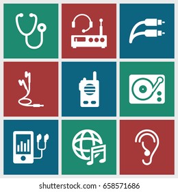 Listen icons set. set of 9 listen filled icons such as stethoscope, mp3 player, ear, gramophone, international music, earphones, earphone wire, listening device