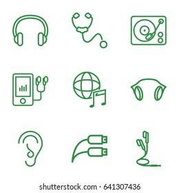 Listen icons set. set of 9 listen outline icons such as mp3 player, stethoscope, ear, gramophone, international music, earphones, earphone wire