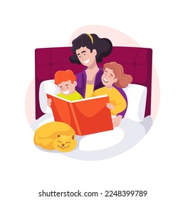 Listen to kids stories isolated cartoon vector illustration. Exhausted parents talking with kids after busy working day, adults and kids together, family daily routine vector cartoon.