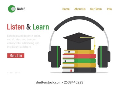 Escucha y aprende, Plantilla de landing page. Varios libros de texto, gorra de graduación y auriculares. Audiolibros, Biblioteca en línea para el aprendizaje. Audiolibro, podcast, literatura en internet. Ilustración vectorial plana