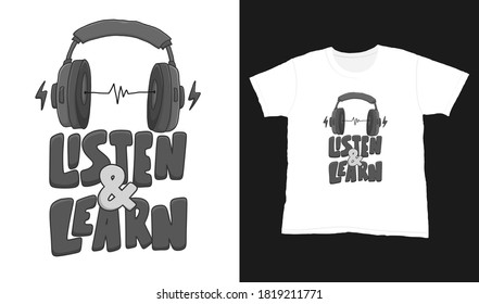 Hör zu und lerne. Zitat-Typografie-Schriftzeichen für T-Shirt-Design. handgezeichnete Schrift