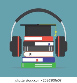 Escucha y aprende. Pila de varios libros de texto, gorra de graduación y auriculares. Audiolibros, Biblioteca en línea para el aprendizaje. Audiolibro, podcast, literatura en internet. Ilustración vectorial plana