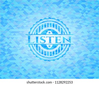 Listen light blue emblem with mosaic background