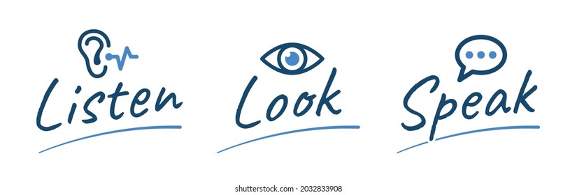 Listen, look and speak text. Containing ear, eye and speech bubble icon